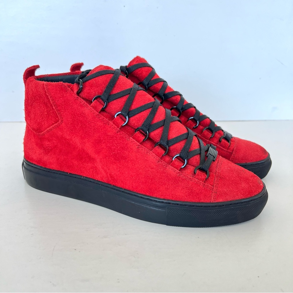 BALENCIAGA Arena Pavot Red Suede Black Trim High Top Lace Up Sneakers Sz 39 - Picture 14 of 16